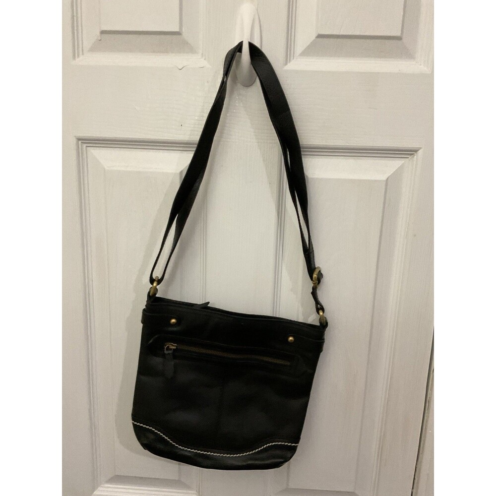 Born Black Leather Bucket Crossbody Shoulder Handbag Accent Stitching